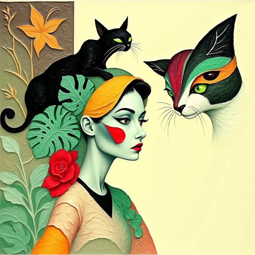 Abstract Woman Portrait with Geometric Shapes and Cat