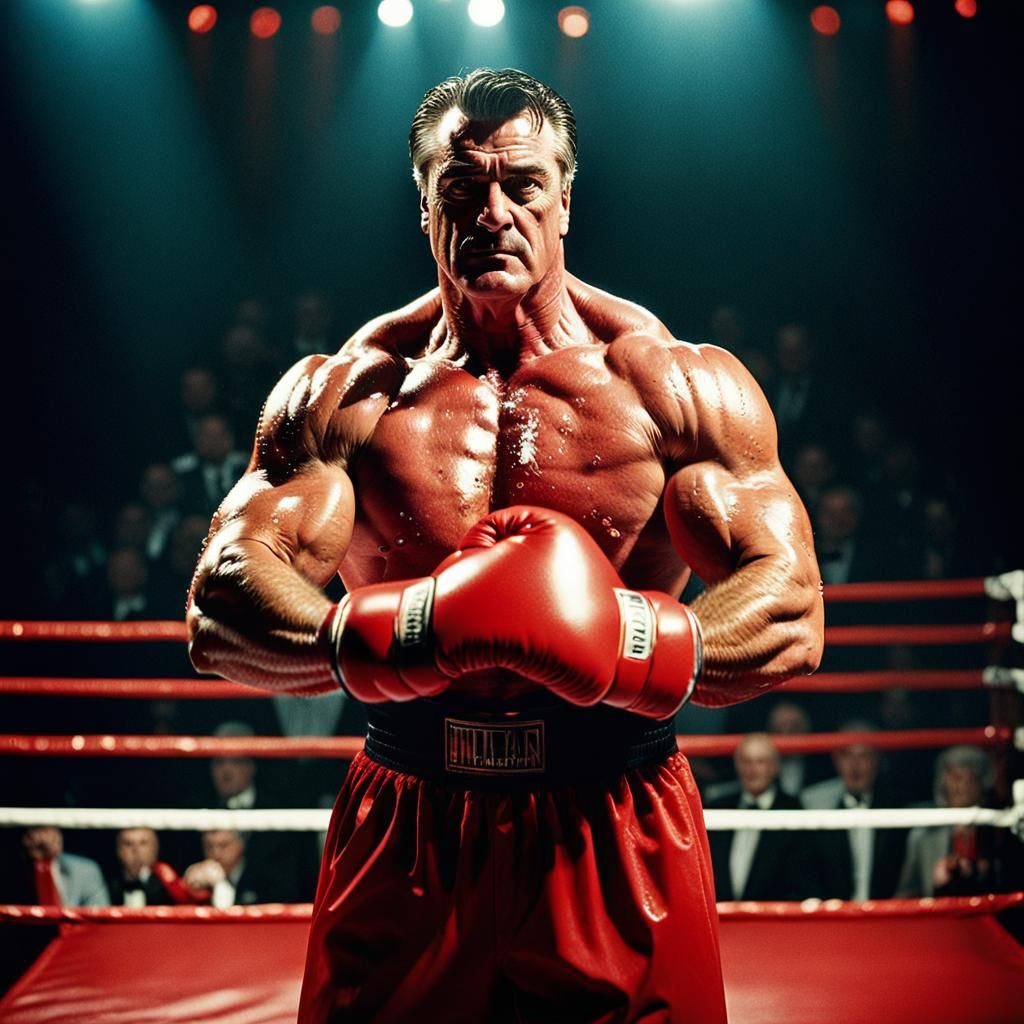 Cinematic Bodybuilder Flexing Biceps in Boxing Ring