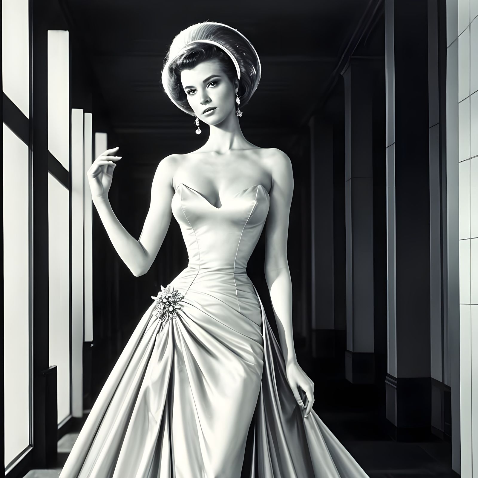 Poised Space Age Beauty in Elegant Evening Gown