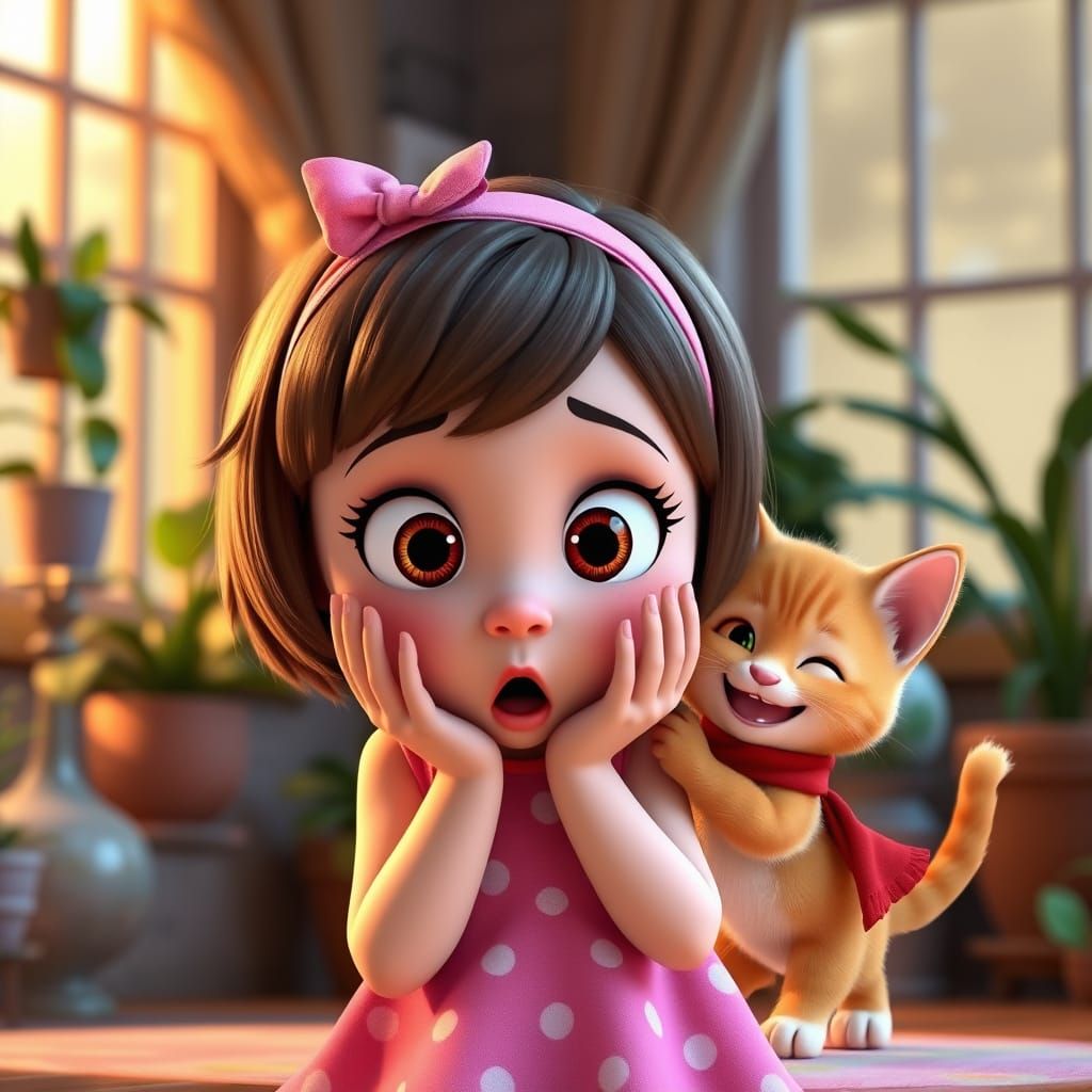 Cute 3D Girl & Kitten in Cozy Room