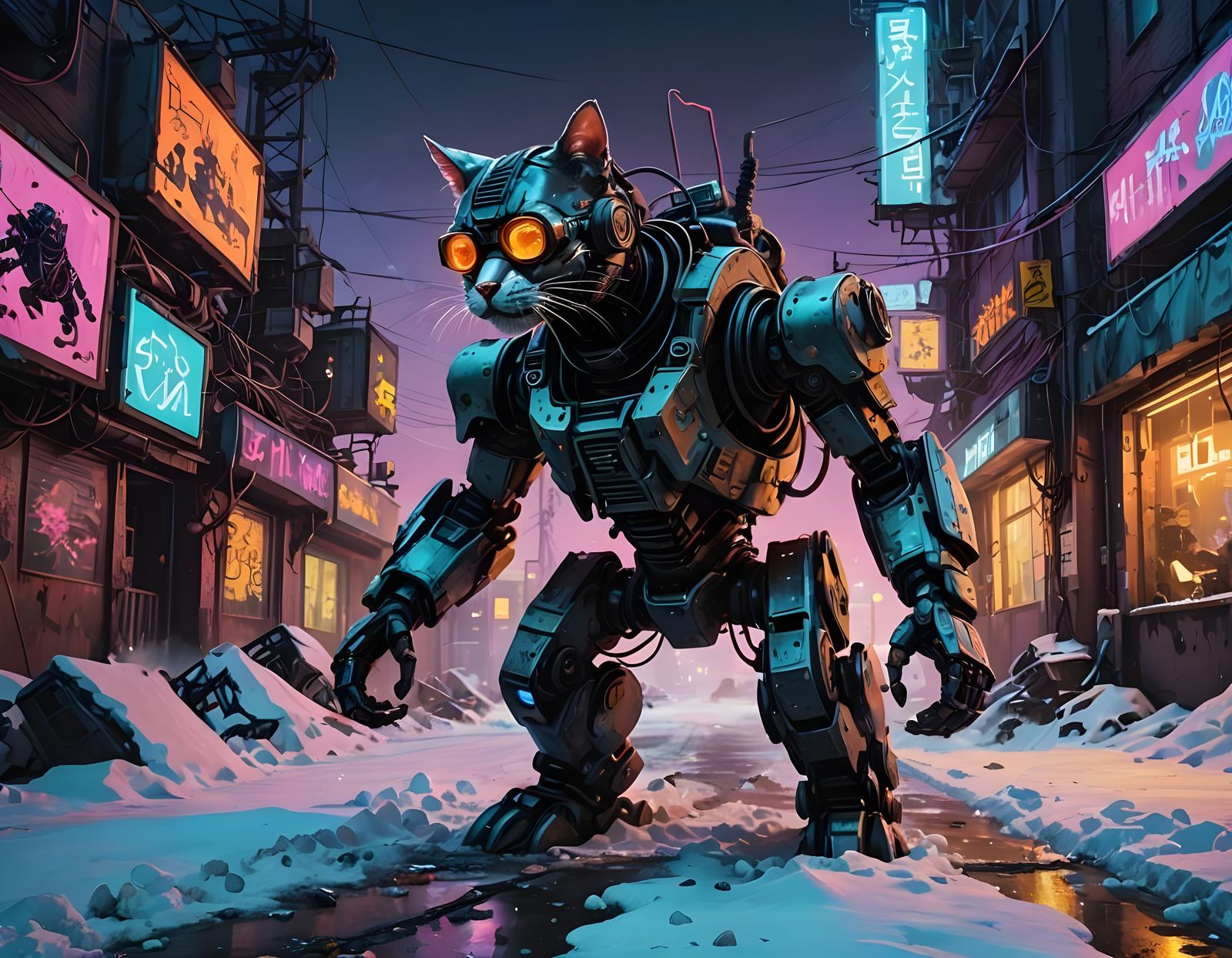 Robot Cat Chase in Cyberpunk Cityscape