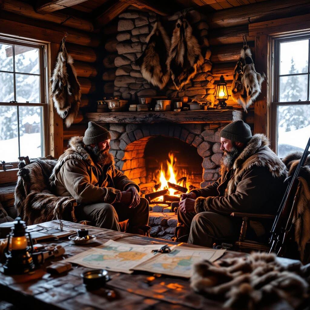 Rustic 1870s Log Cabin Interior with Frontiersman