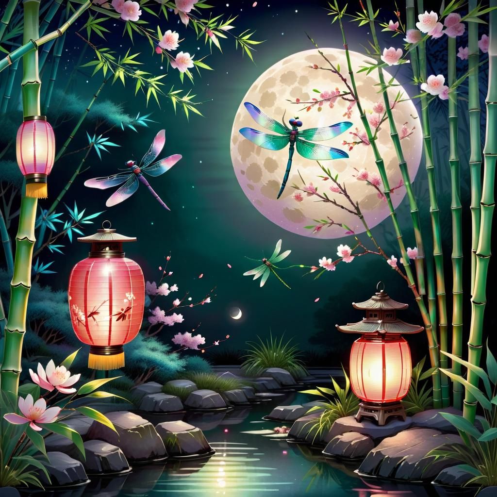 Asian Garden at Night Under Moonlight: Circular Acrylic Pain...