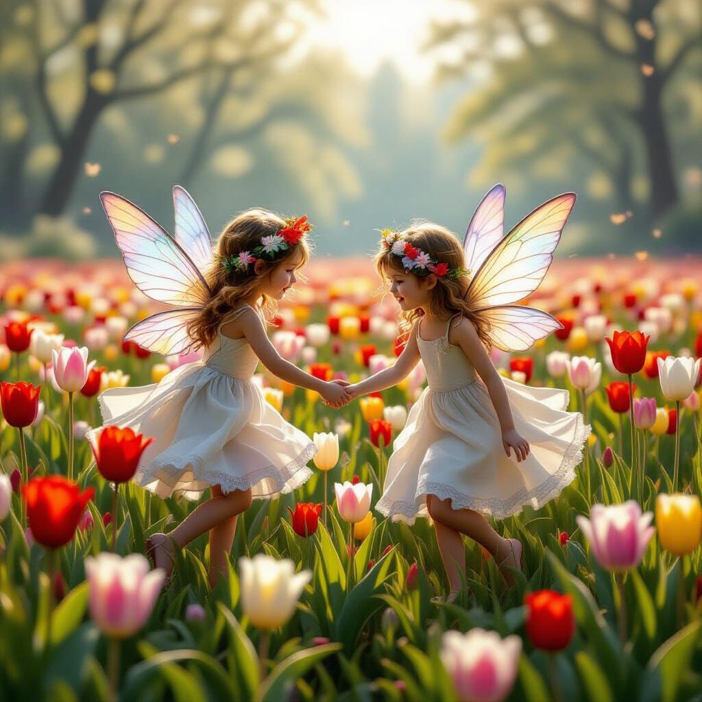 Ethereal Fairies Play Among Colorful Tulips