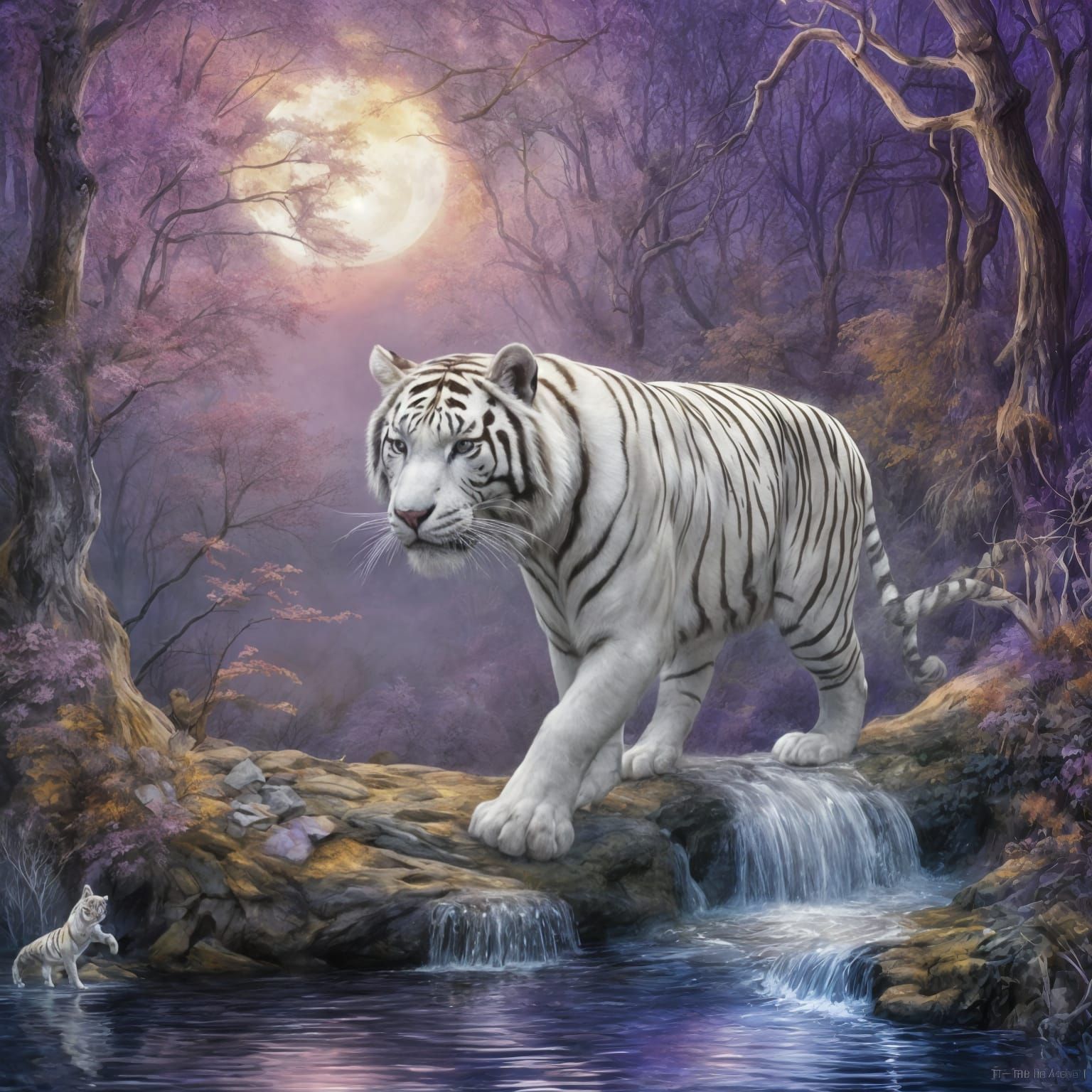 A white tiger crossing a river