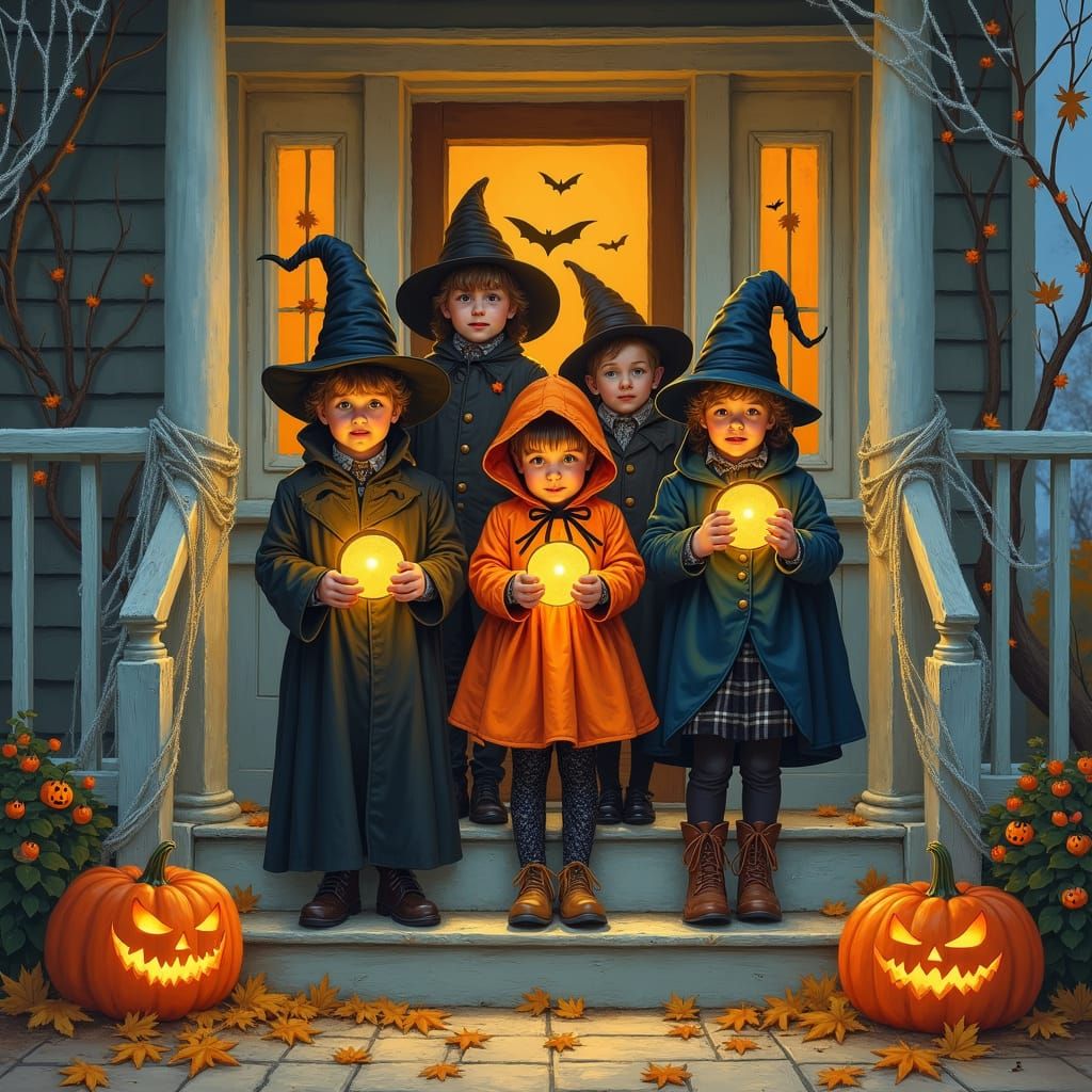 Children Trick-or-Treating in Halloween Costumes