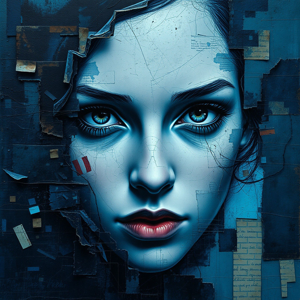 Mysterious Woman's Face in Grungy Cyan and Blue Collage