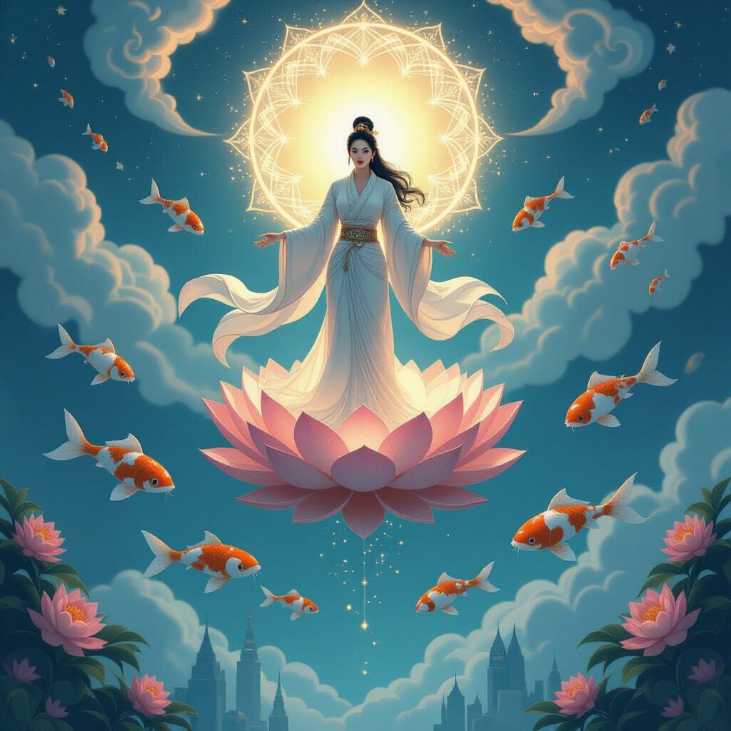 Divine Figure Descends in Lotus Aircraft