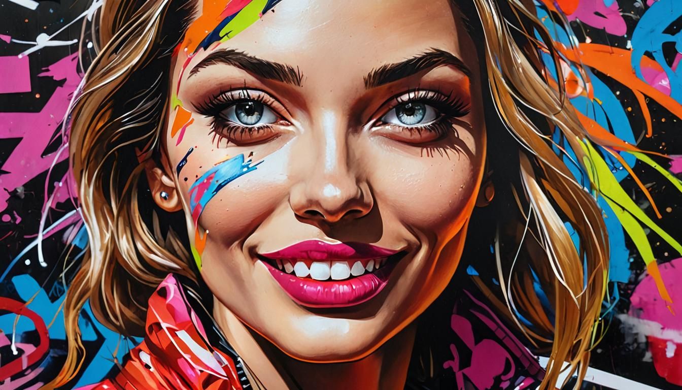 Vibrant Street Art Portrait of Woman in Graffiti Jacket