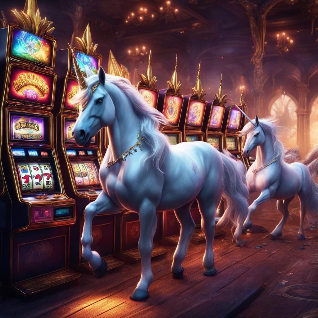 Unicorns and Wizards Gambling at Slots, Fantasy Art