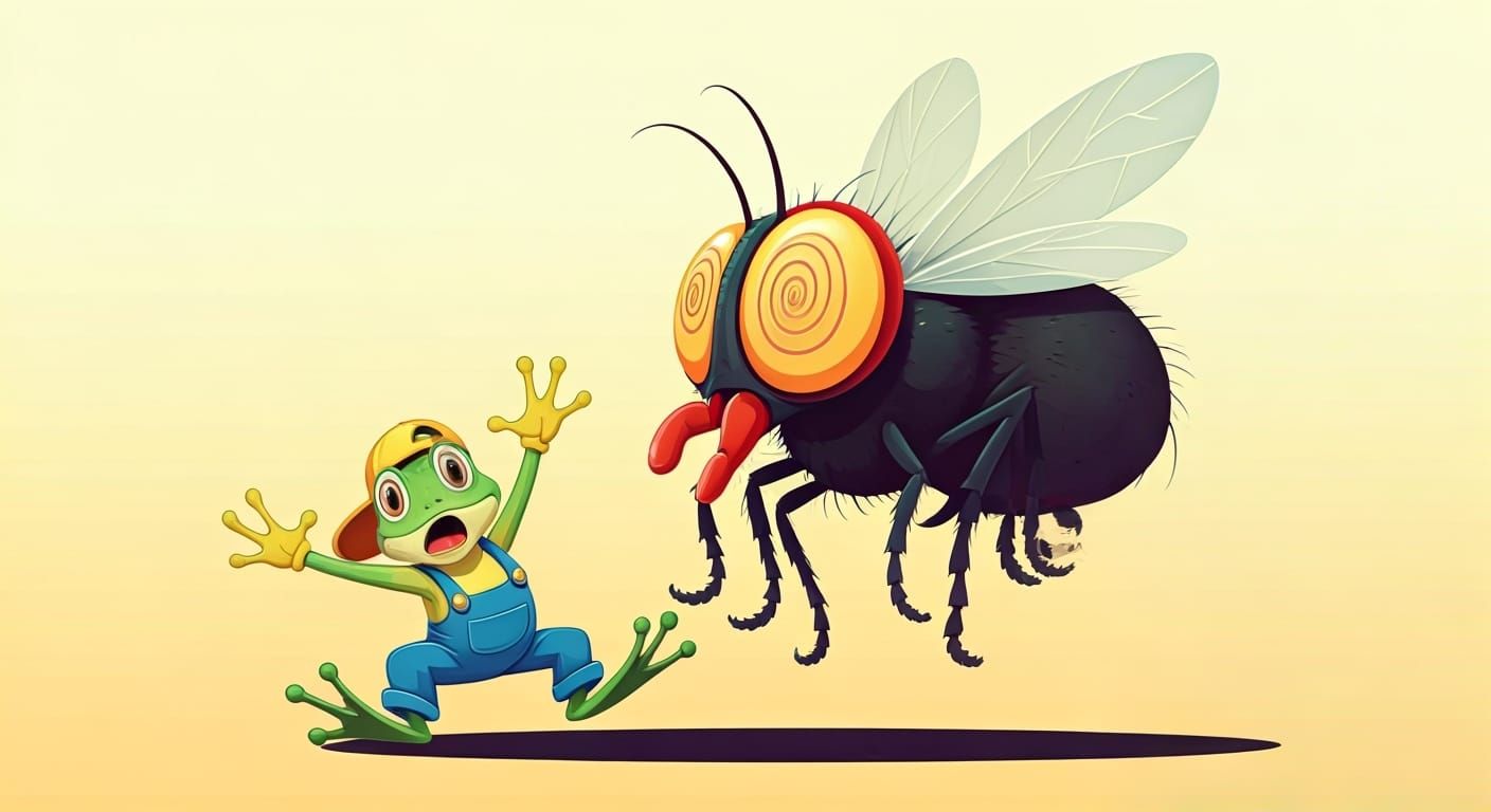 Frog's Cartoonish Fright from Gigantic Fly