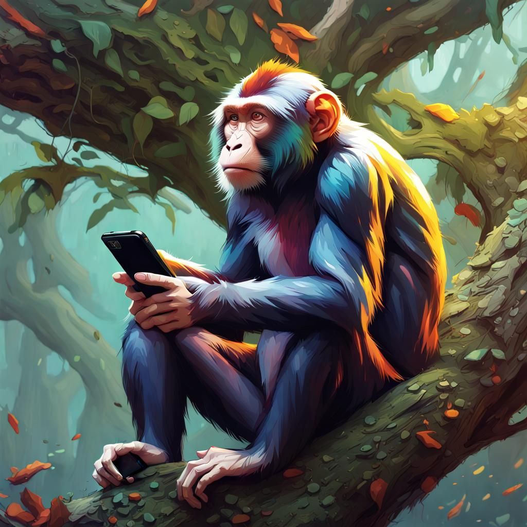 Monkey Using Smartphone: Detailed Concept Art