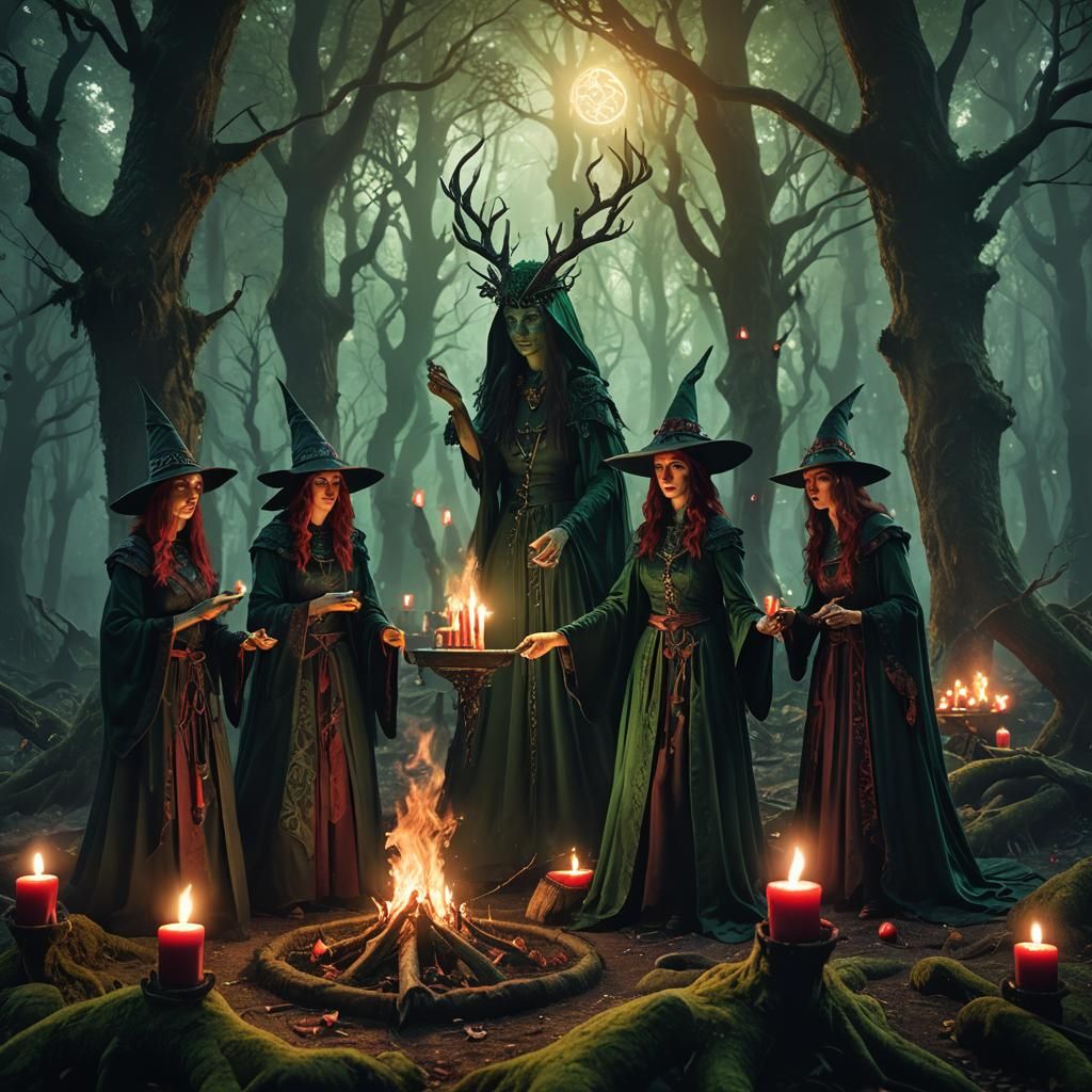 Witches Perform Ritual in Mystical Forest