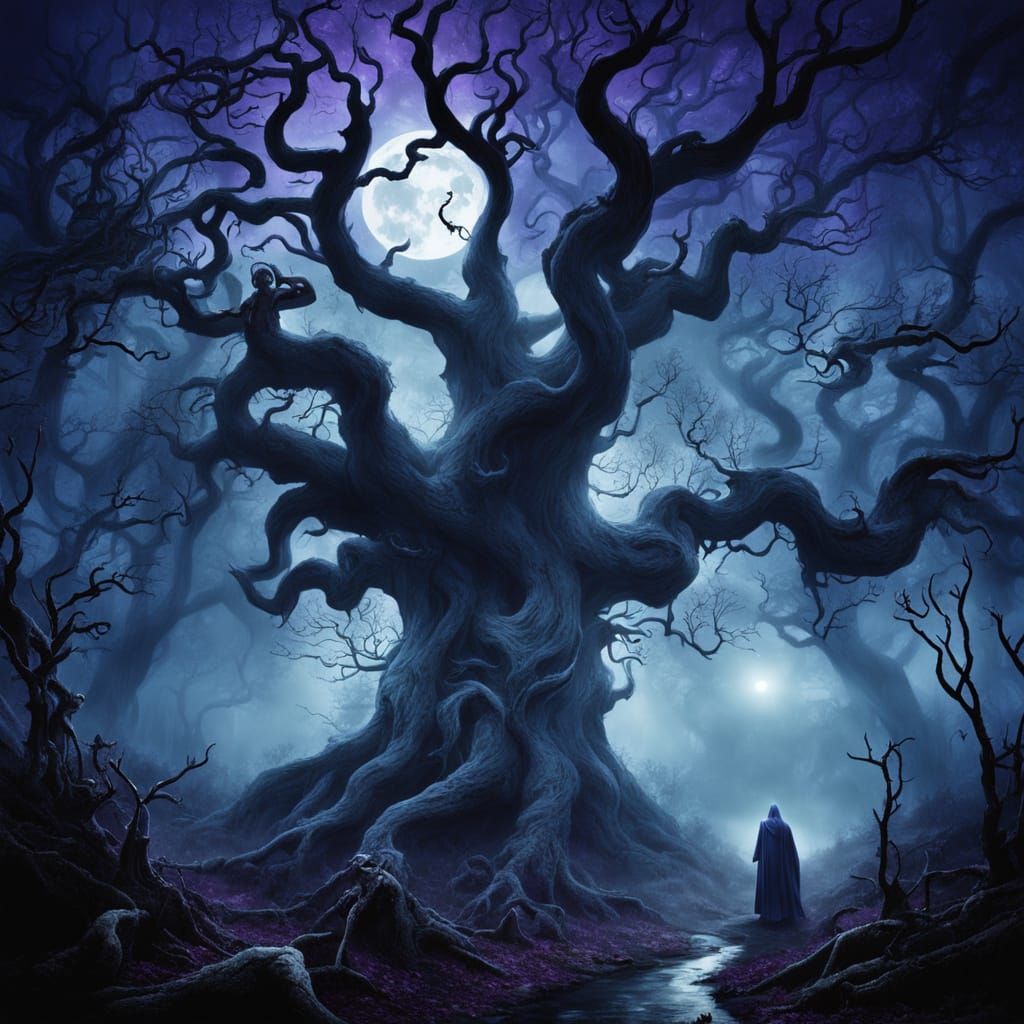 Dark Fantasy Forest Spirits in Mysterious Moonlight