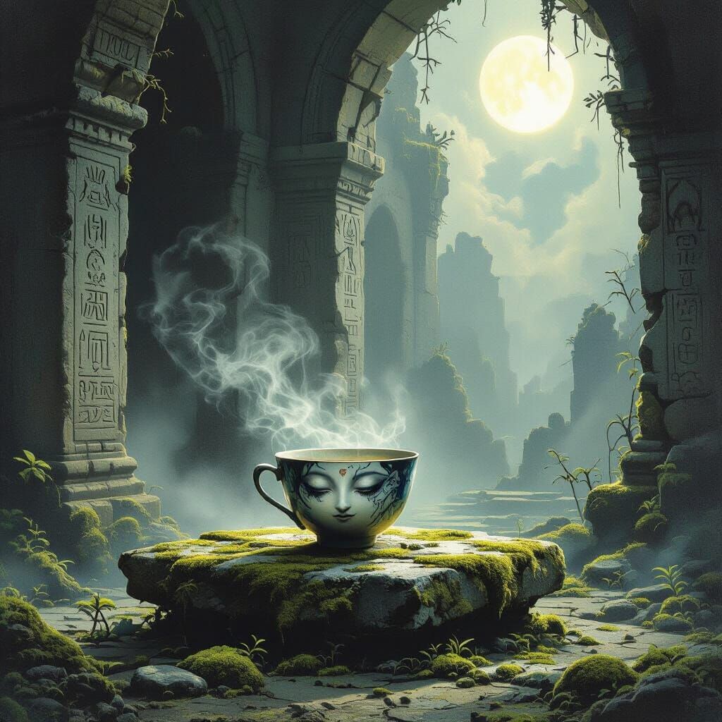 Ancient Teacup on Altar in Forgotten Temple