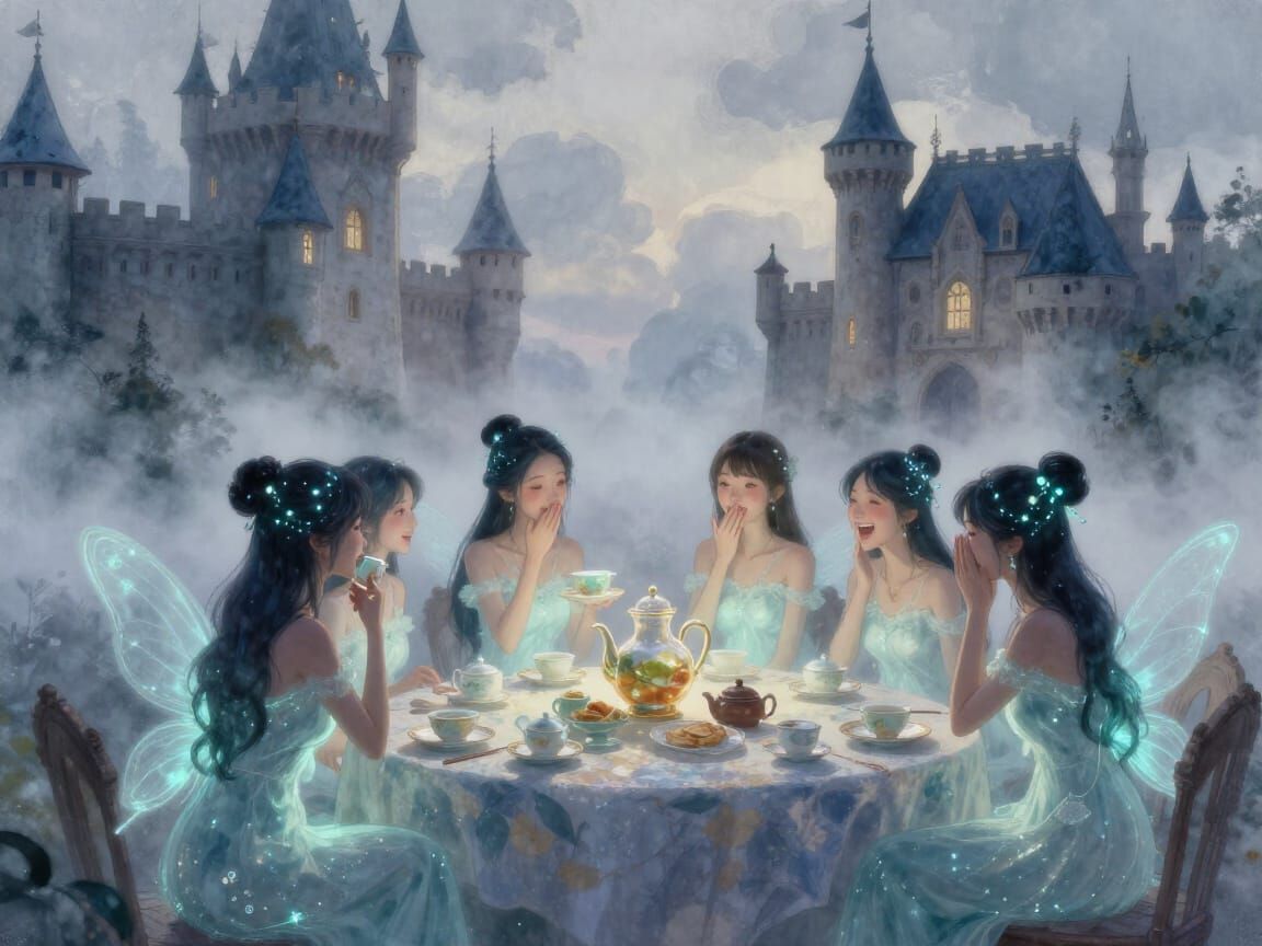 Fairies Gossiping Over Tea in Watercolor Landscape