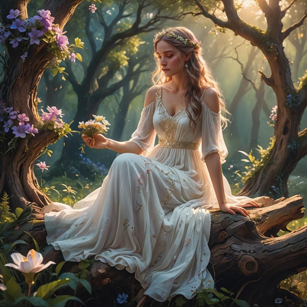 Woman with Flower in Dreamlike Fantasy Setting