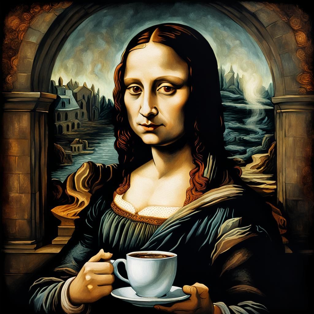 Mona Lisa's Gothic Coffee: Surreal Dark Fantasy Portrait
