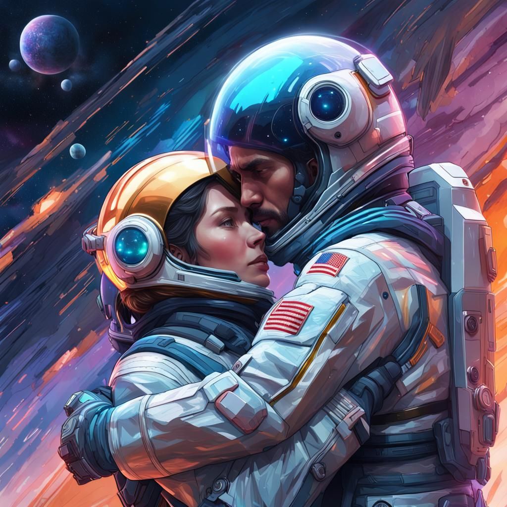 Astronauts Hugging in Galaxy, Futuristic Concept Art