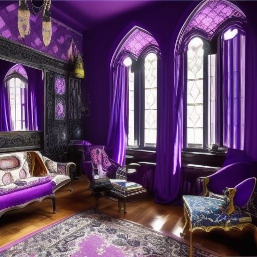 Eccentric gothic penthouse with eccentric purple walls with cobalt blue accents& eccentric purple gothic windows with go...