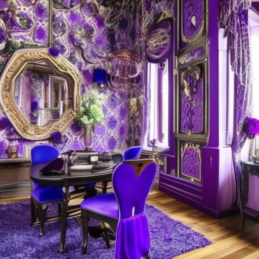Eccentric gothic penthouse with eccentric purple walls with cobalt blue accents& eccentric purple gothic windows with go...