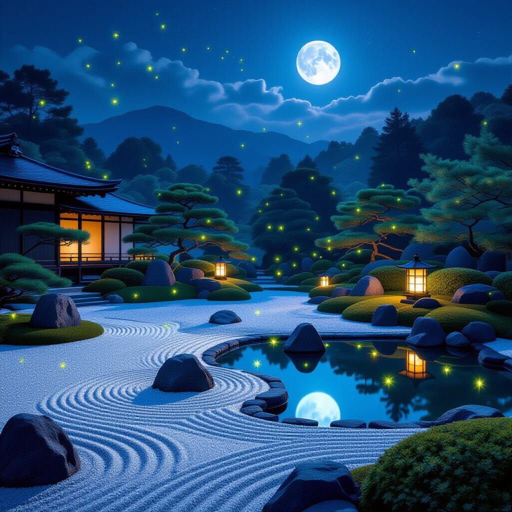 Moonlit Zen Garden with Fireflies in Japanese Style