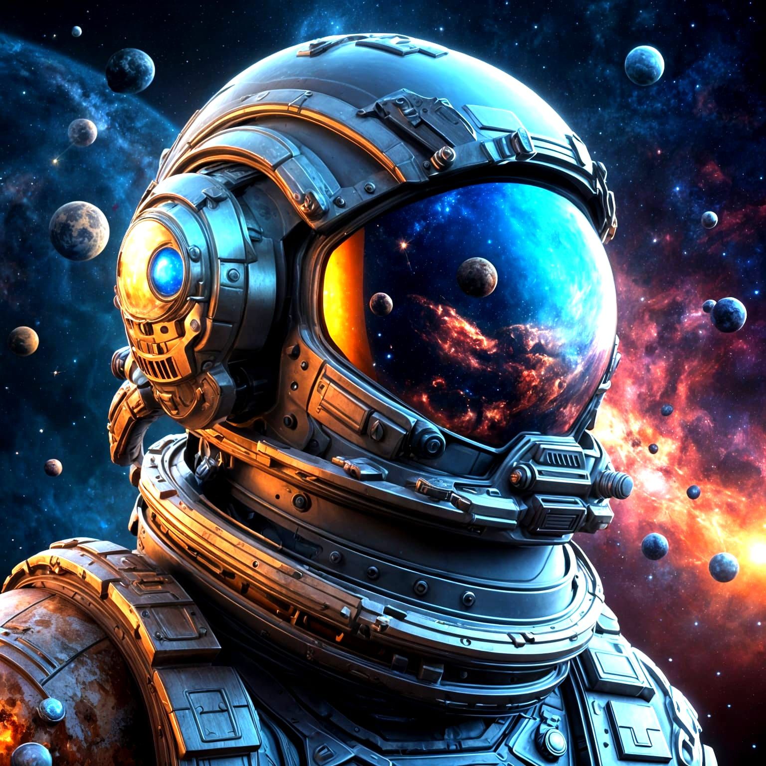 Astronaut Helmet Reflecting Galaxies in Space