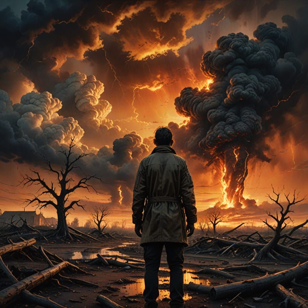 Apocalyptic Landscape Oil Painting with Fiery Skies