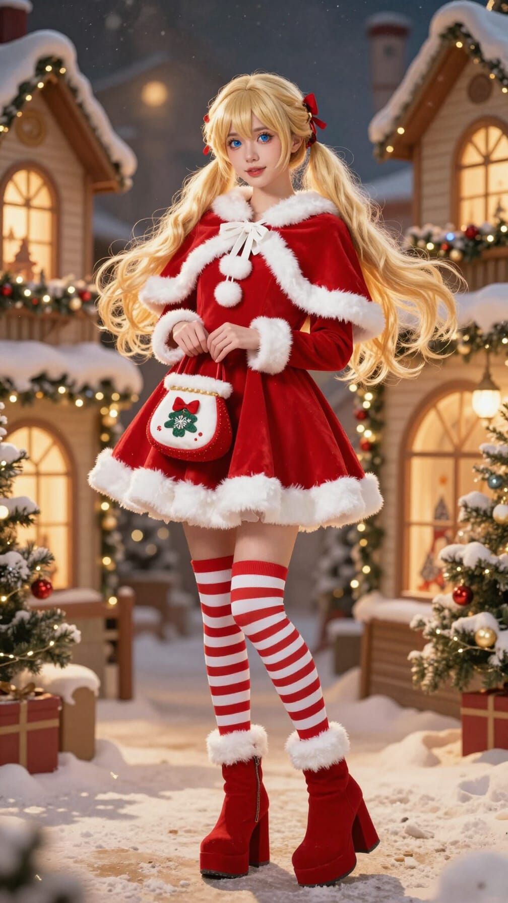 Fashion Sketch of Woman in Santa Dress in Christmas Village