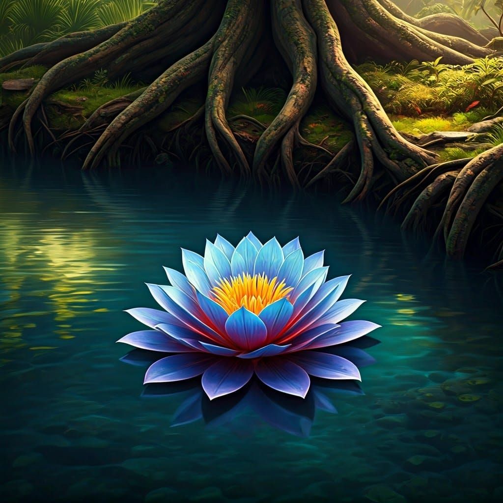 Iridescent Flower Reflects in Lake: Fantasy Concept Art