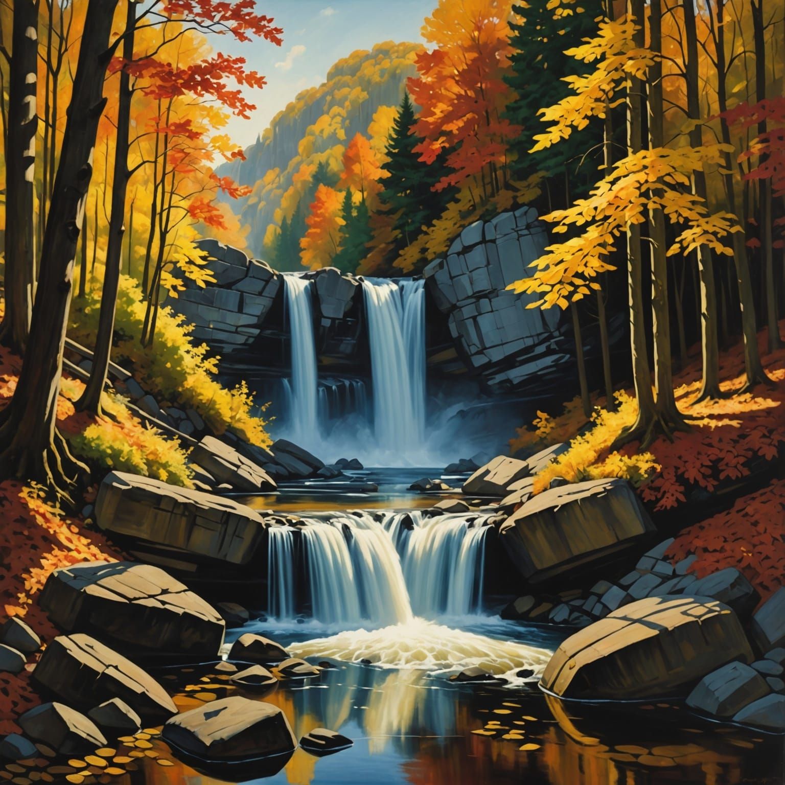 Autumn Waterfall Oil Painting in 3D Render