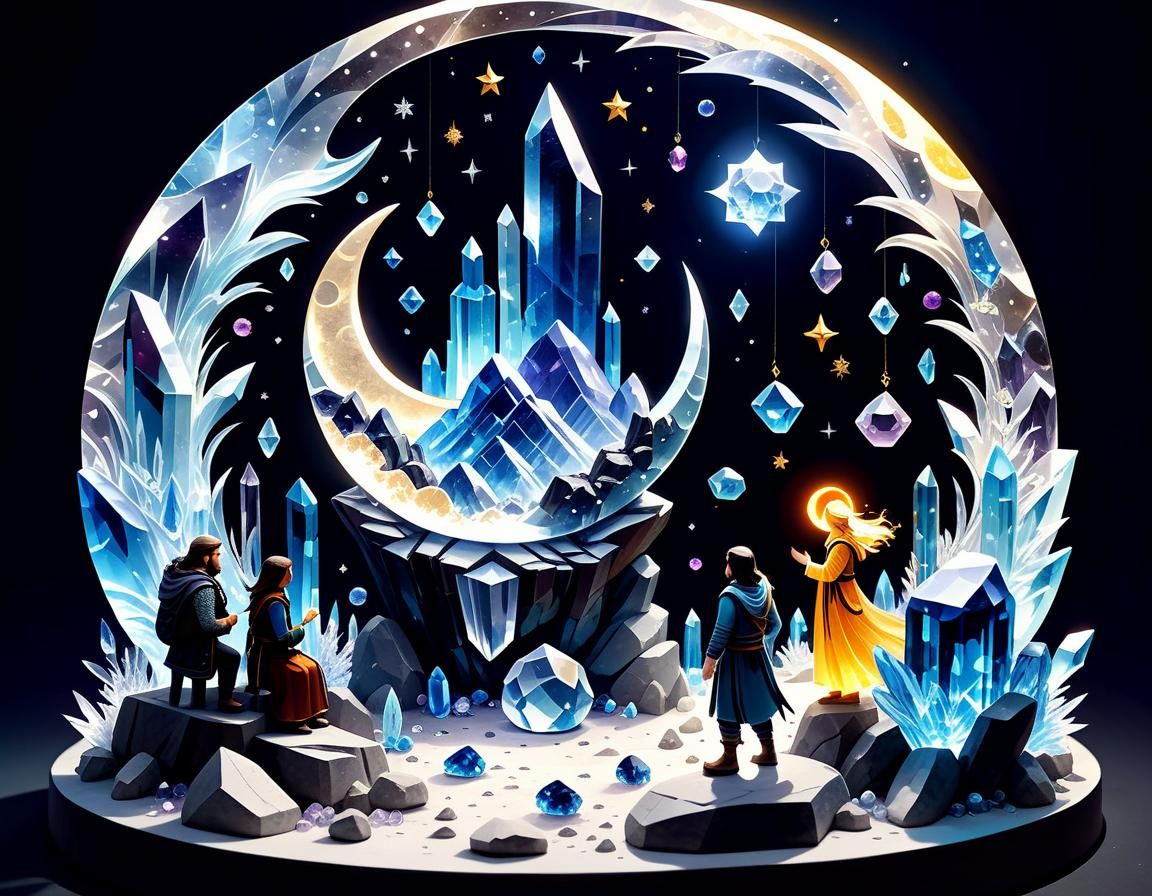 Crystalline Celestial Bodies with Glowing Runes