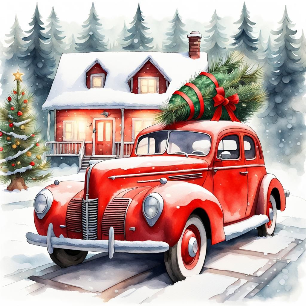 Red 1940 classic car with a christmas tree tied to the roof