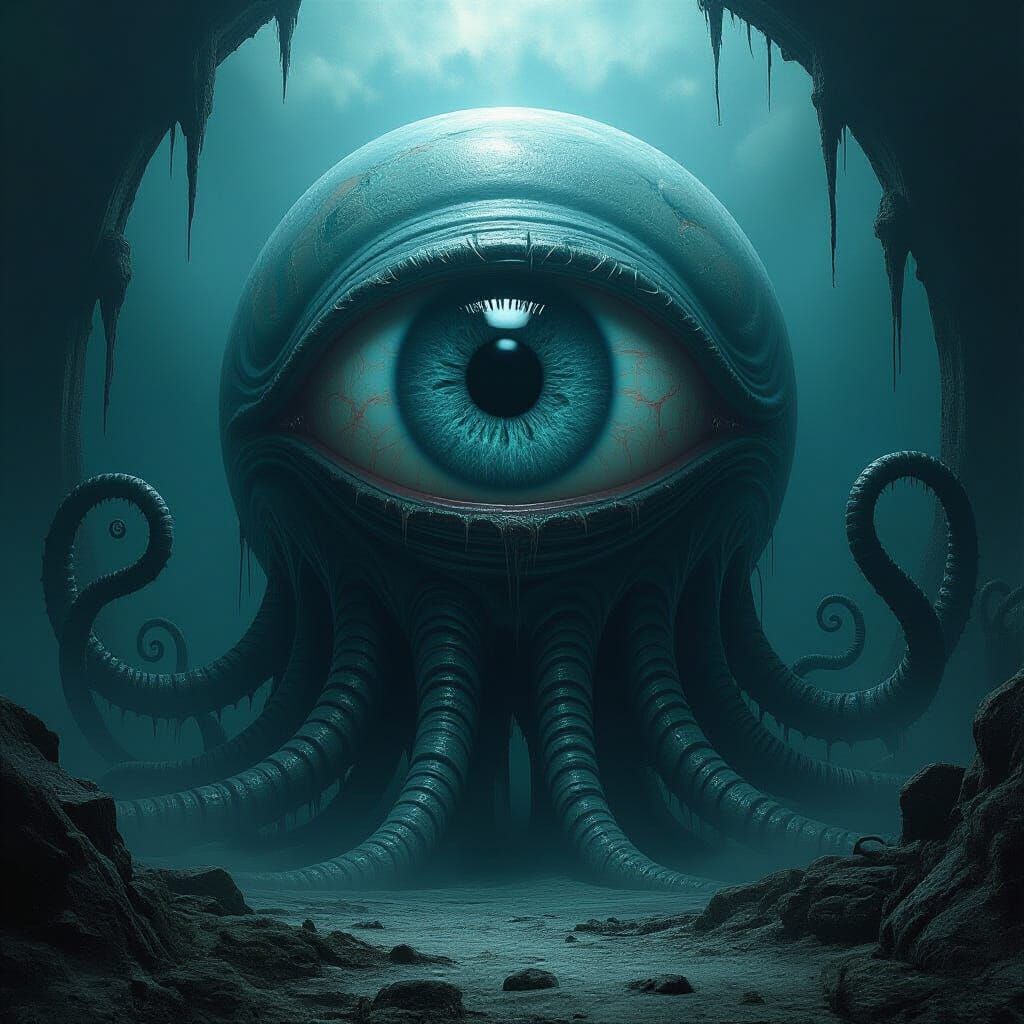 Biomechanical Floating Eyeball in Mystical Atmosphere