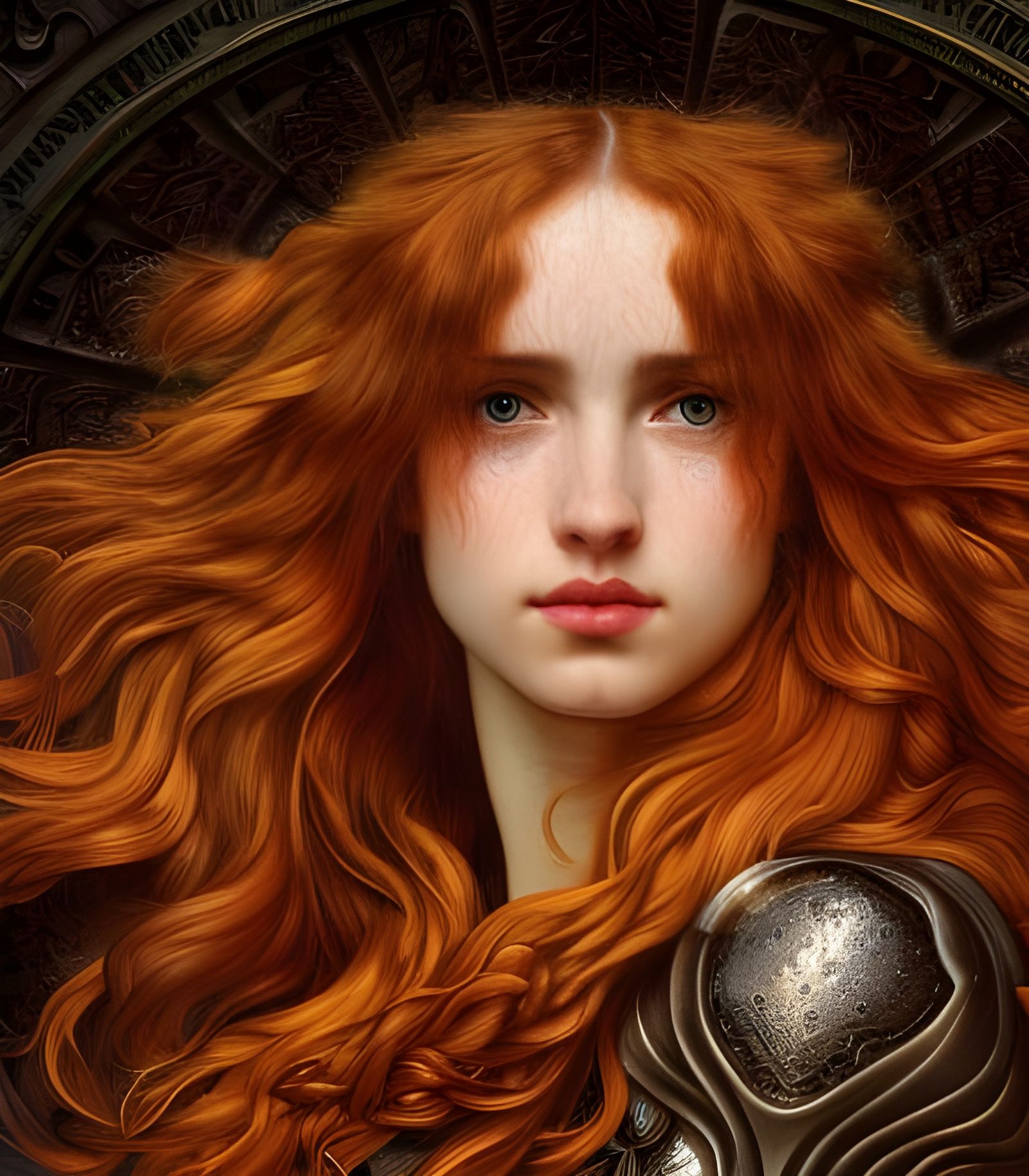 Armored Woman Portrait in Pre-Raphaelite Style