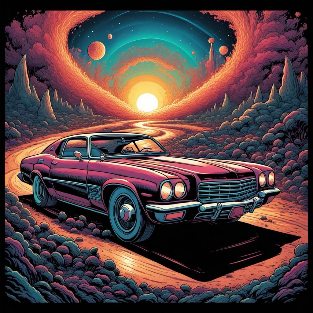 Psychedelic Car Contest T-Shirt Design in Comic Art Style