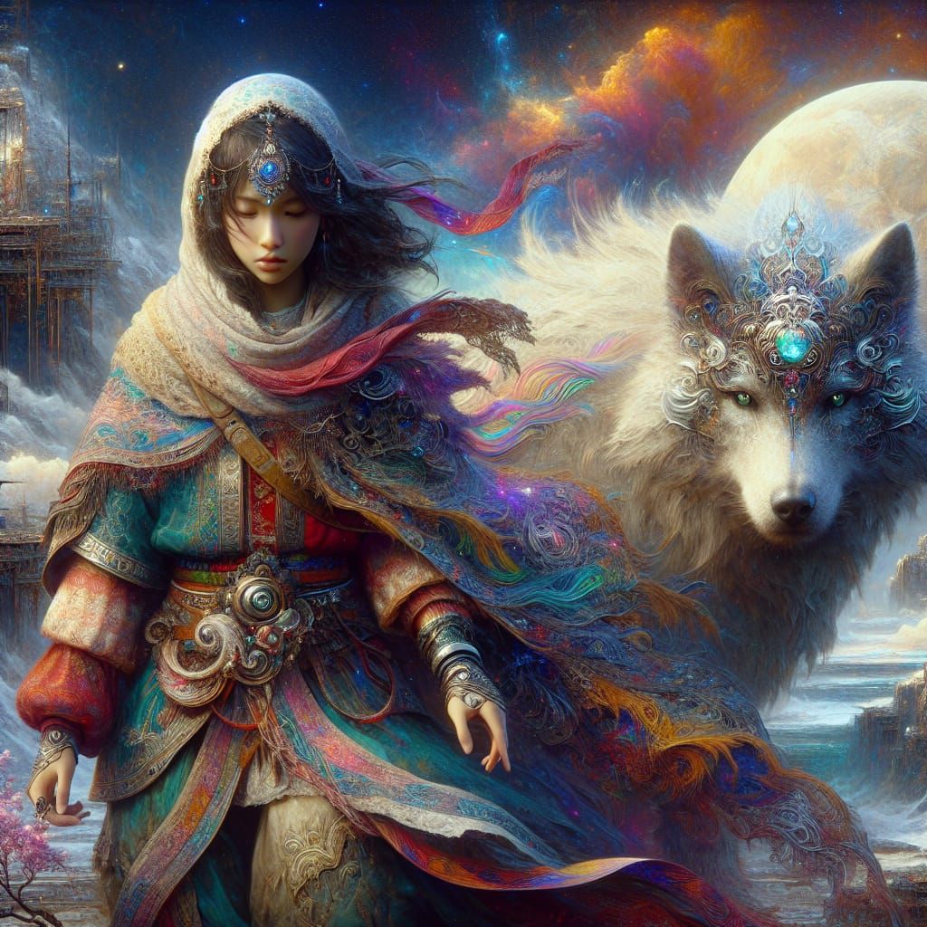 Fantasy Girl and Wolf Companion in Matte Painting