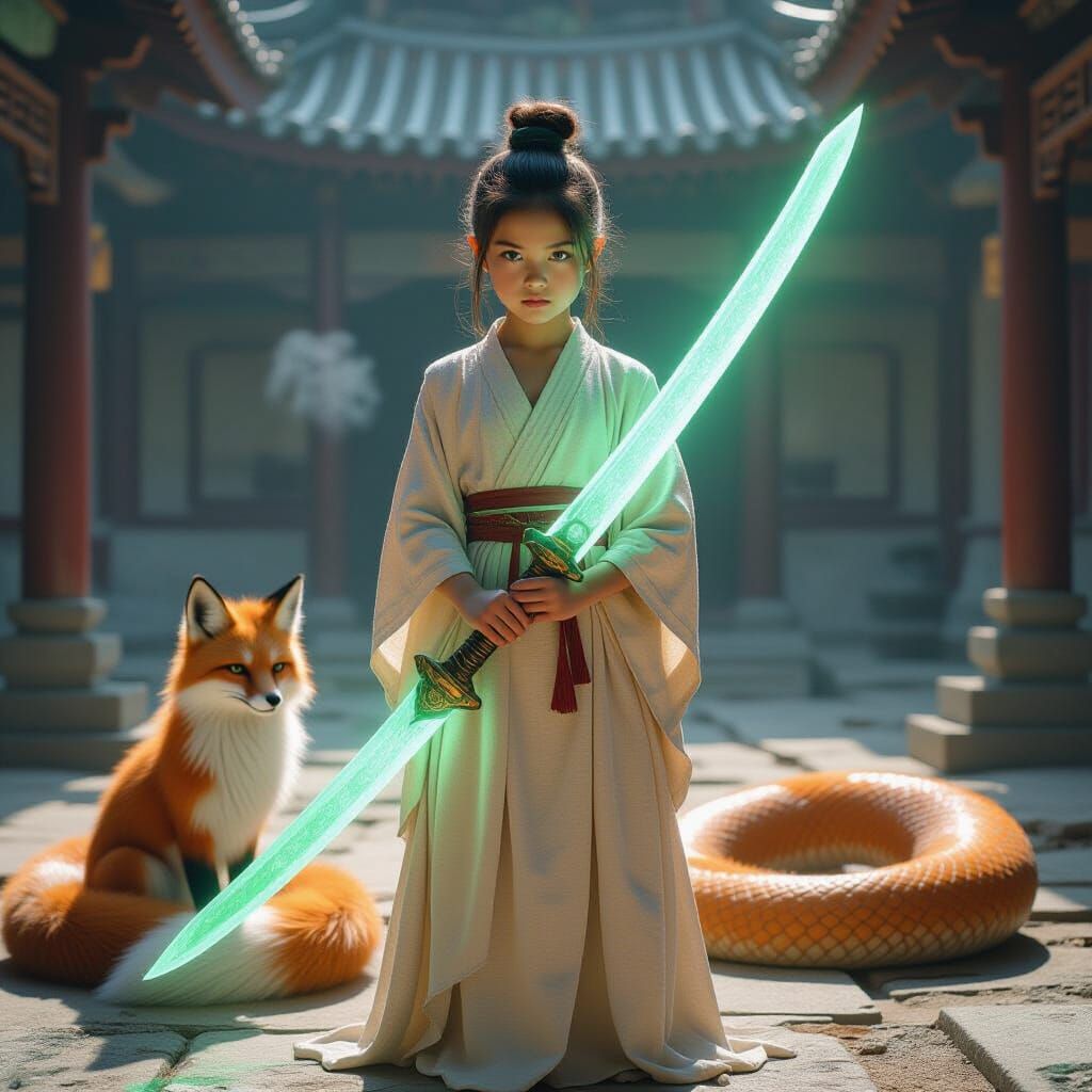 Girl with Jade Sword and Spirit Guardians