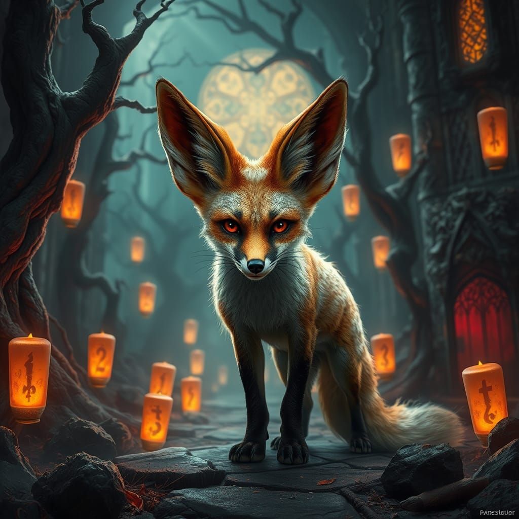 Mystical Fennec Fox in Gothic Fantasy Landscape