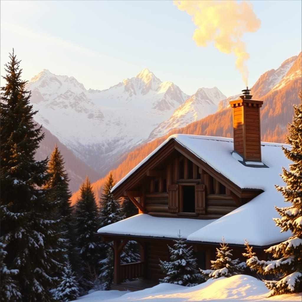 Sunset Cabin in the Alps, Romantic Landscape