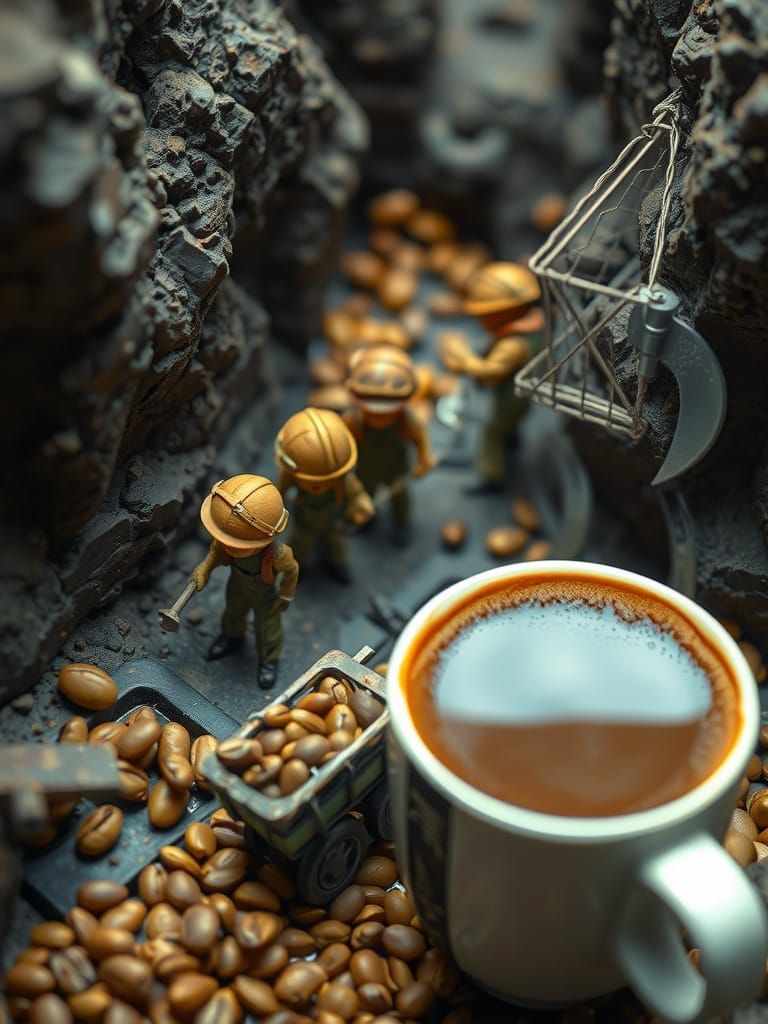 Surreal Miniature Realm with Industrial Workers Mining Coffe...