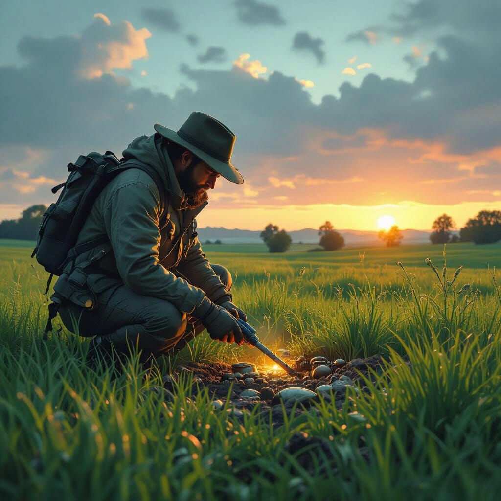 Metal Detectorist Uncovers Ancient Treasure: Stalenhag Style