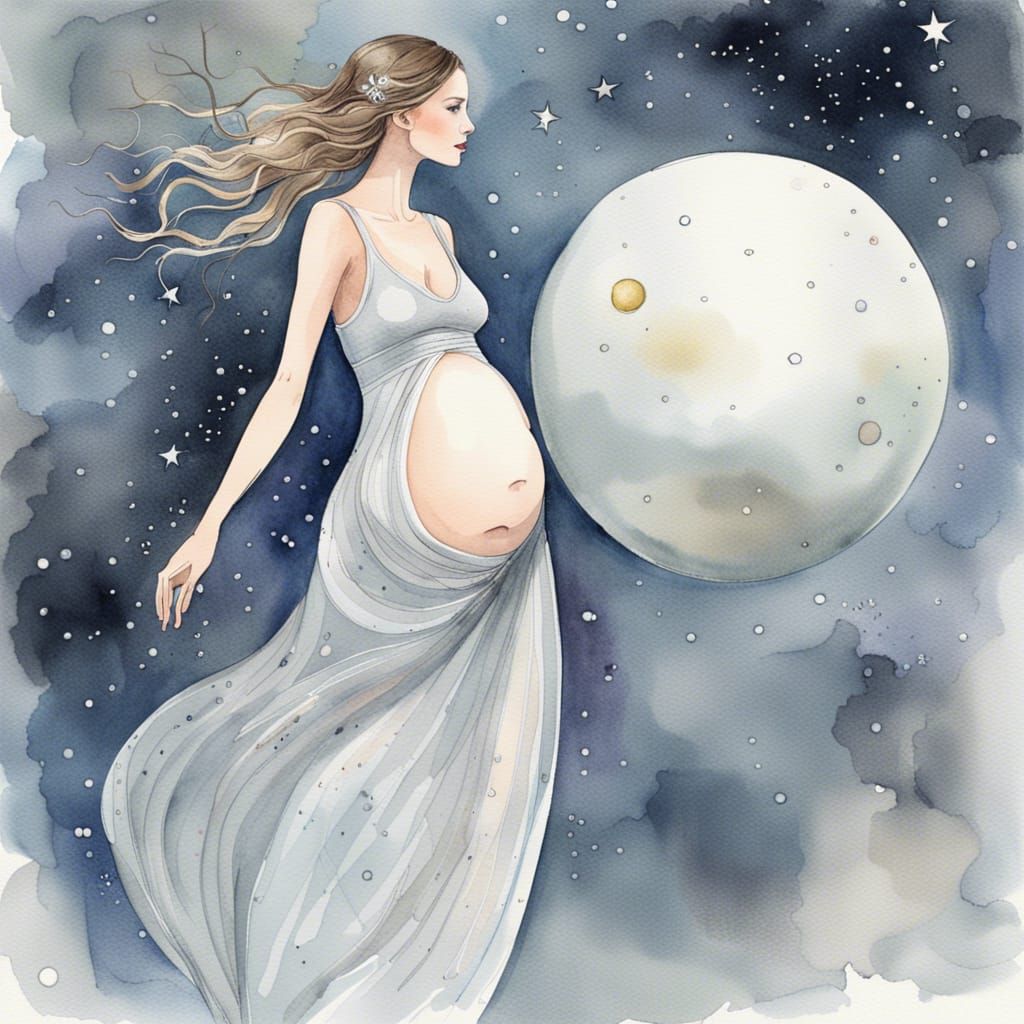 Pregnant Woman Floating Among Stars in Watercolor