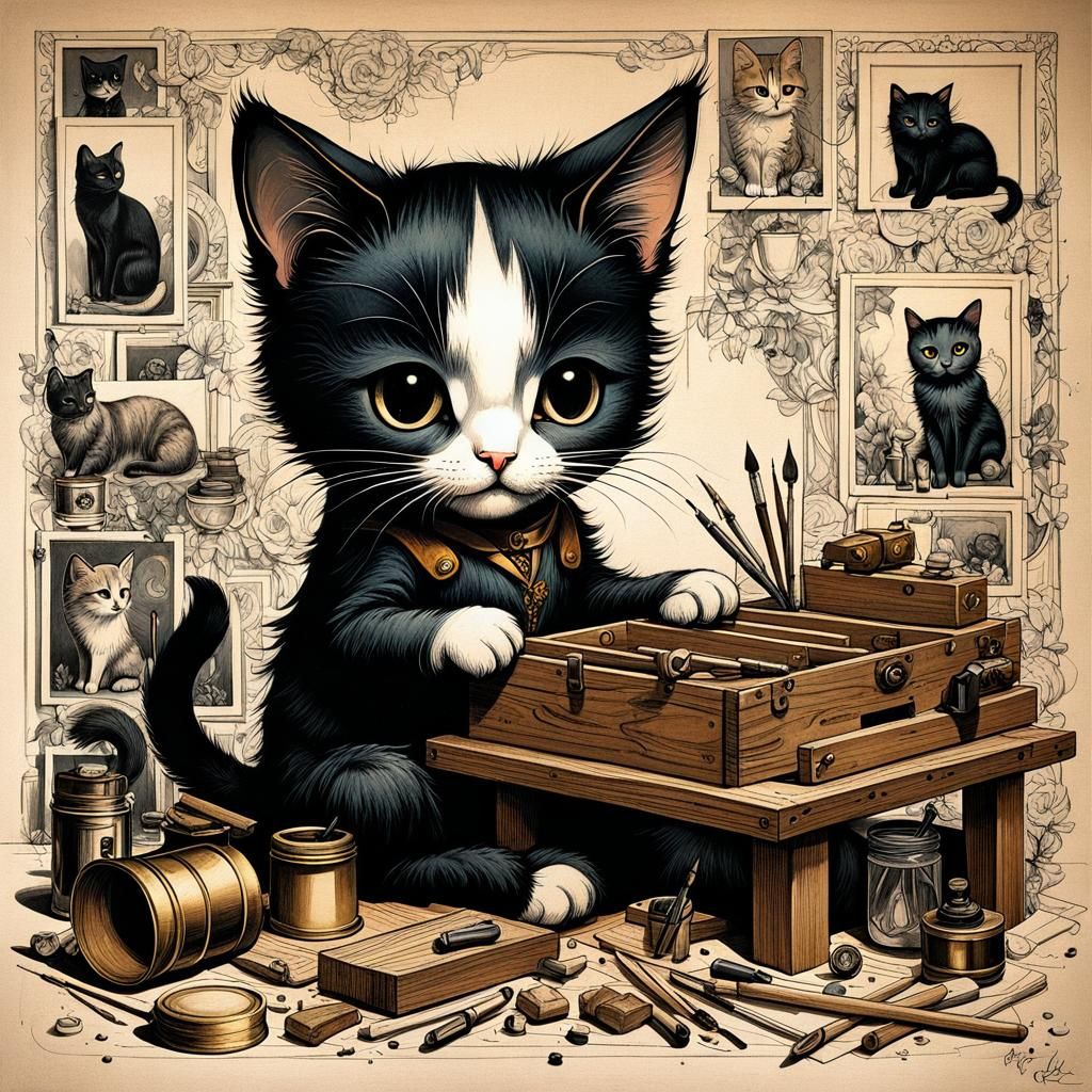 Chibi Cat Carpenter Portrait in Film Noir Style