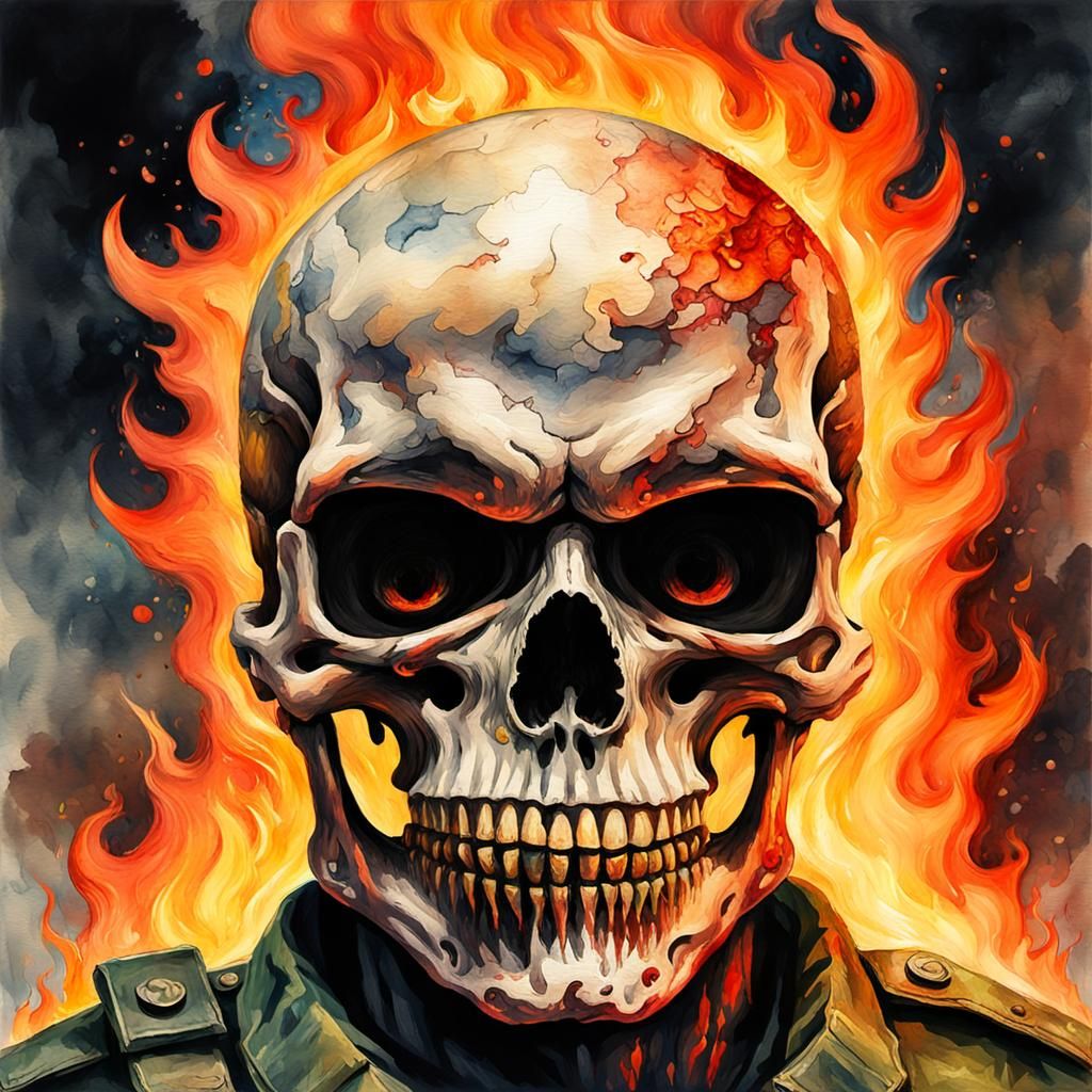 Fiery Soldier Skull: Grotesque Impressionist Masterpiece