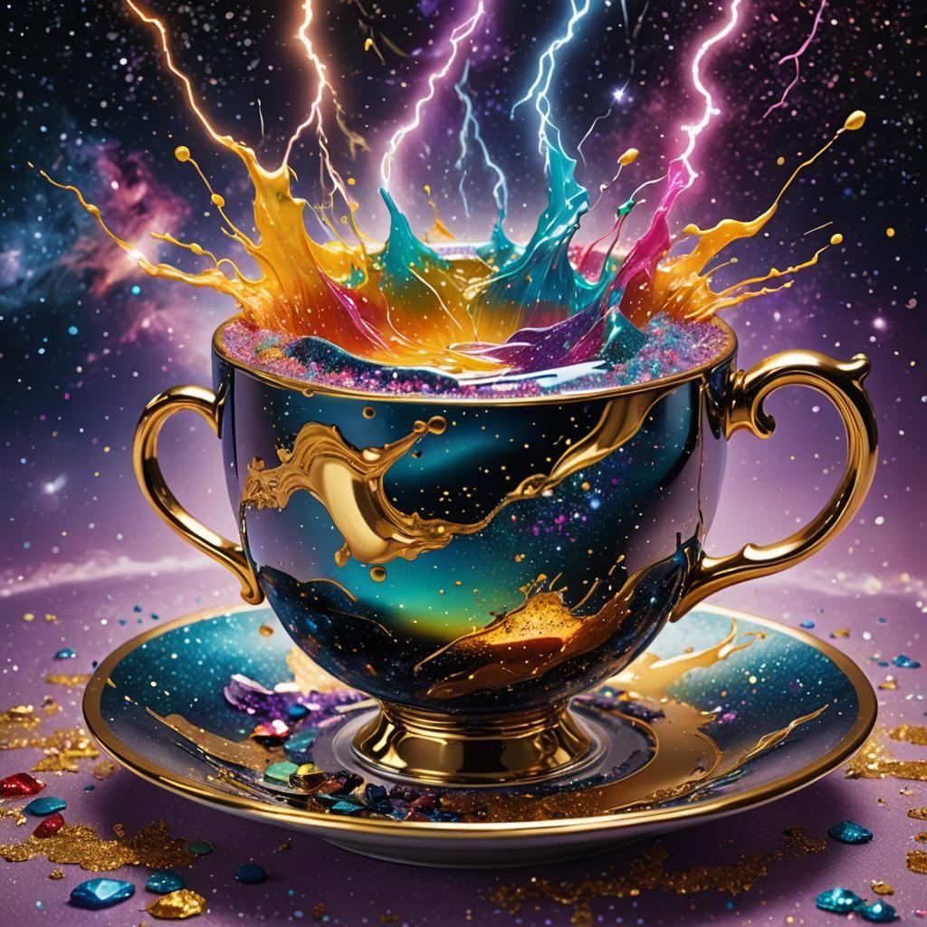 Galactic Teacup with Lightning in Klimt-Dali-Giger Style