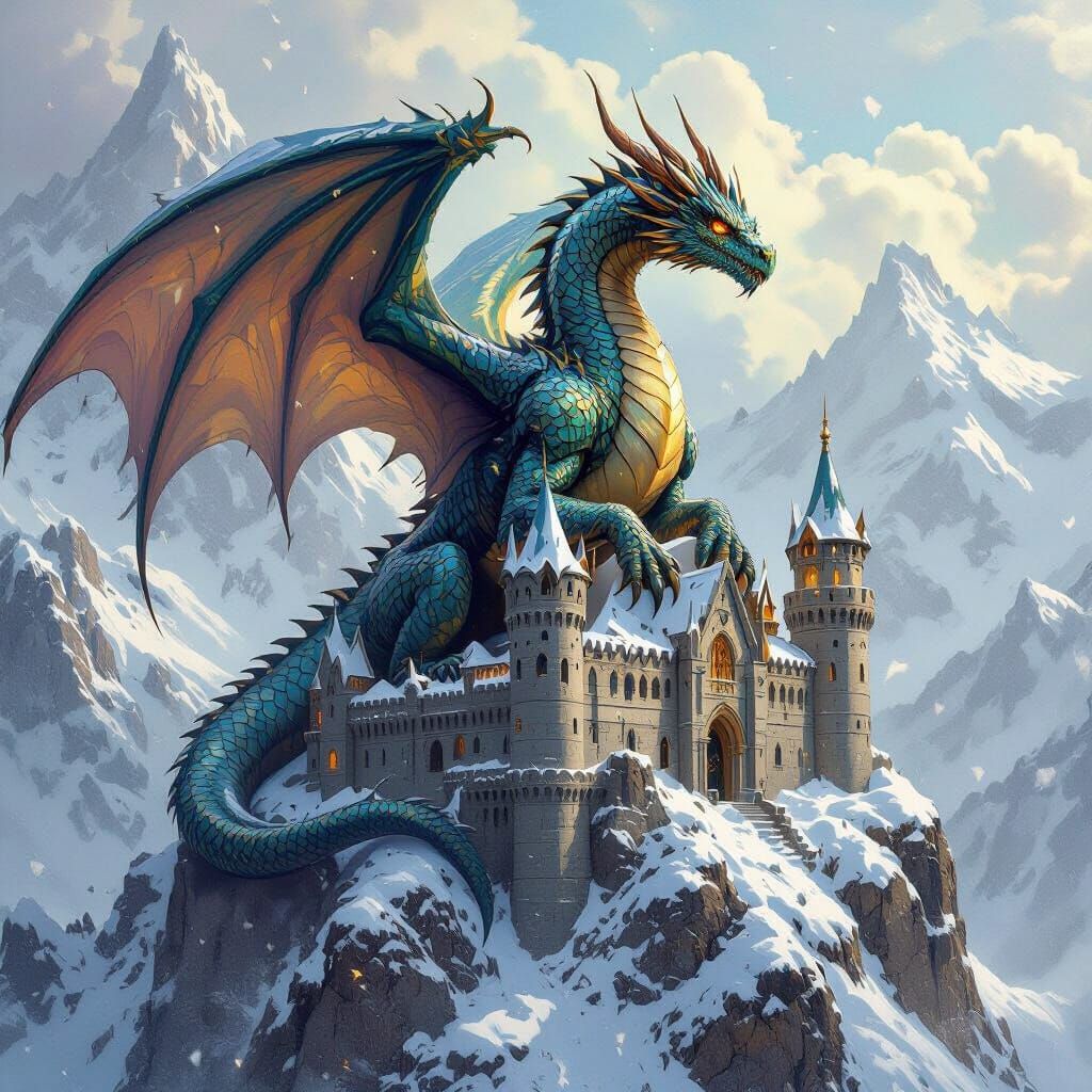 Dragon King Surveys Snowy Kingdom, in Fantasy Art Style