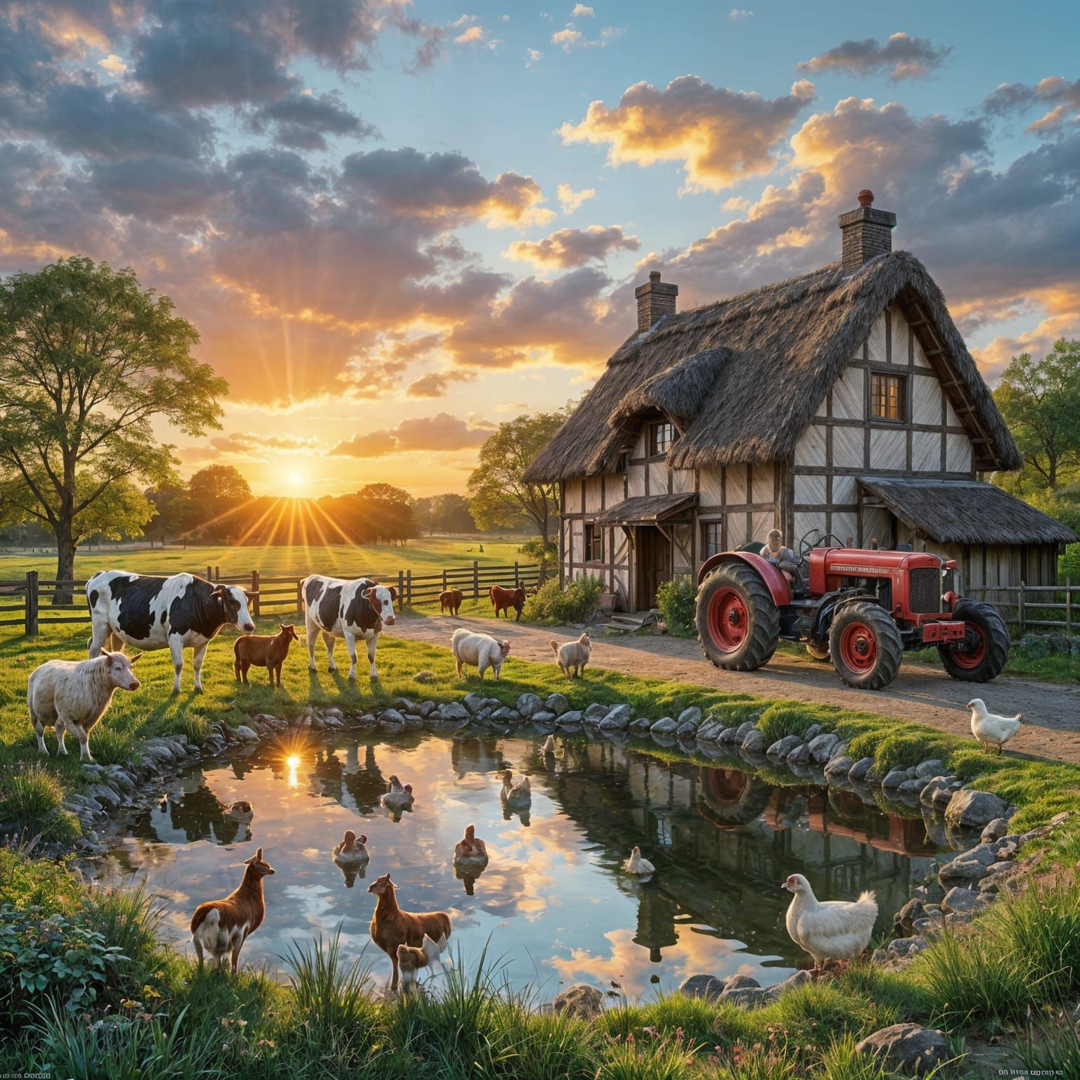 Vibrant English Farmyard at Sunset