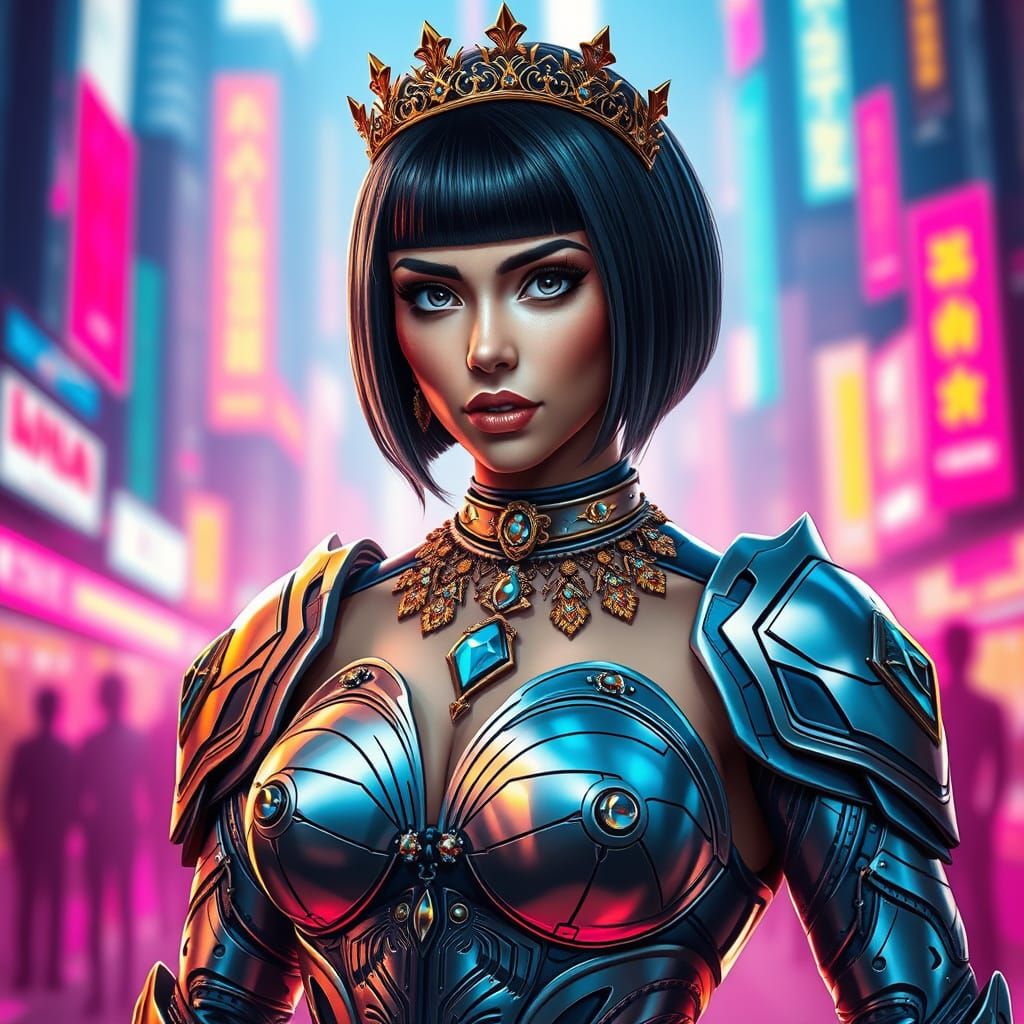 Futuristic Cyberpunk Goddess with Neon Cityscape