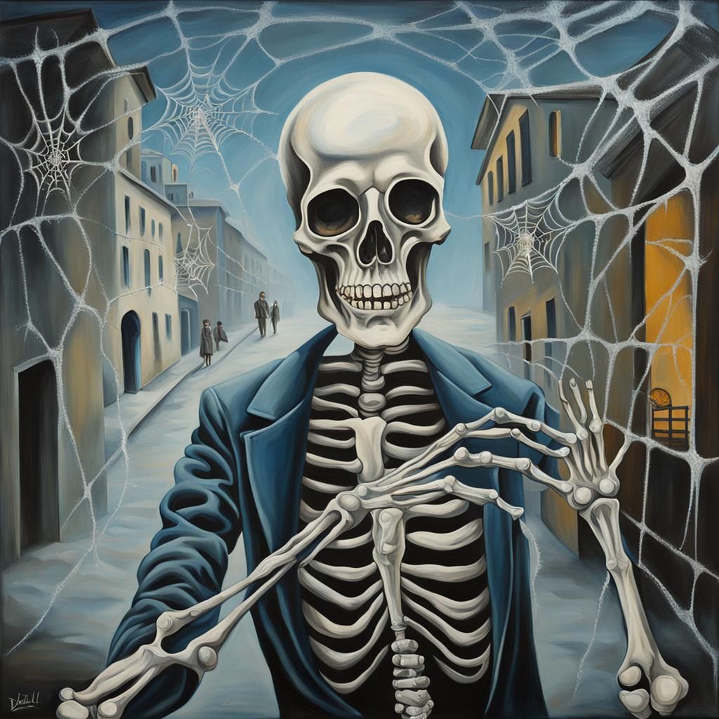 A skeleton Dressed in frost and spider webs to haunt the str...